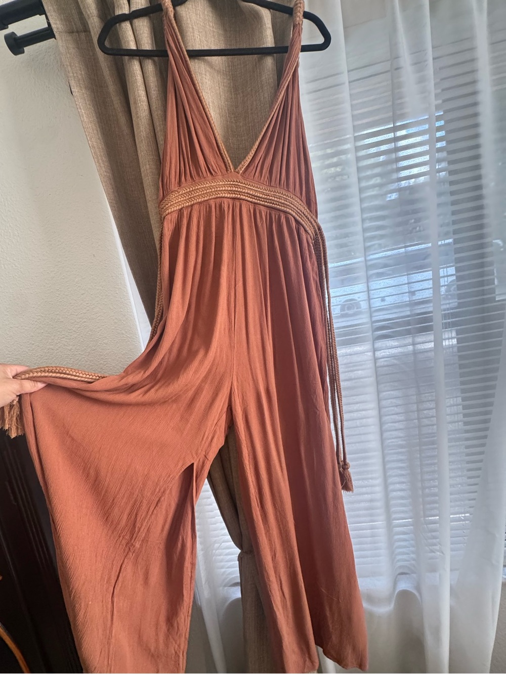 Azaka Paris Women’s Rust Wide-Leg Jumpsuit with Braided Waist